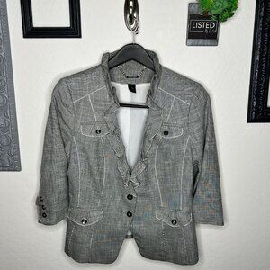 White House Black Market Ruffled Collar 3/4 Sleeve Heather Grey Blazer - Size 8